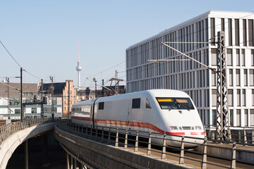 Berlin city center with train on a track, Berlin railway station, Transportation and travel concept