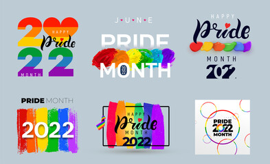 Fototapeta premium LGBT Pride Month 2022. Set of celebrated annual. LGBT flag brush stroke. Pride day line abstract logo. Human rights and tolerance. Collection of 2022 vector illustration isolated on white background.