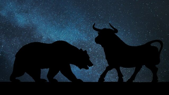 Statues of the Bear and the Bull of the Frankfurt Stock Exchange, Time Lapse by Night with Stars and Milky Way in Background