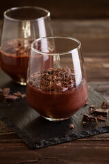 Glasses of homemade sweet dark chocolate mousse