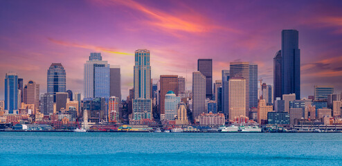 Seattle skyline view colorful sunset,USA 