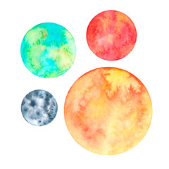 Watercolor set of space planets isolated on white background. Earth, mars, sun, moon. Heavenly body.