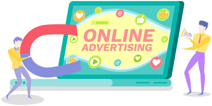 Online advertising, man with loudspeaker, screen with click icons, video and seo or advertisement. Person holding magnet as symbol of attracting customer. People work with social media marketing