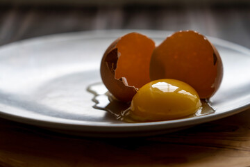 Broken eggs, egg yolk and egg shell on a plate