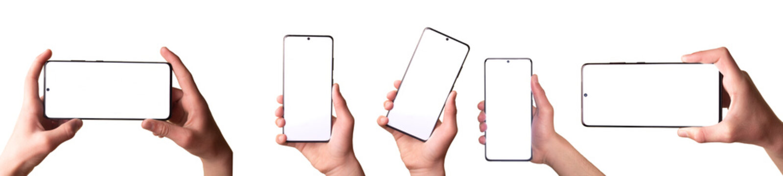 Set of different photos of mobile phone in hand, isolated on white background