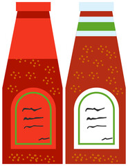 Sauce with tomatoes boiled with spices, ketchup. Plastic container, bottle with sauce closed with lid. Ingredient used for flavoring, coloring or preserving food. Spicy and mild liquid, ketchup