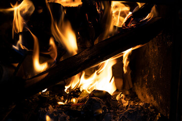 Kindling of the home stove, open fire. Hearth.
