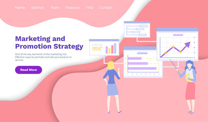 Woman working in digital media campaign. Marketing and promotion strategy website. Employees analyze market statistics. Ladies advertising, promoting. Website for marketing analysis template