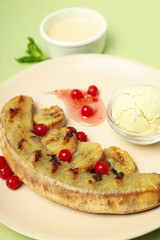 Concept of tasty food with grilled banana, close up