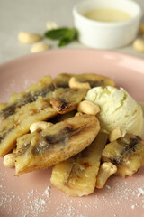 Concept of tasty food with grilled banana, close up