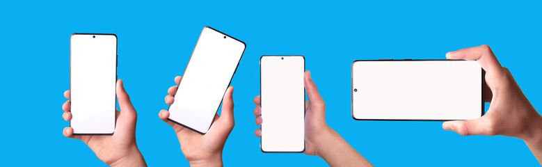 Set of many different photos of mobile phone in hand held in different angles on blue background