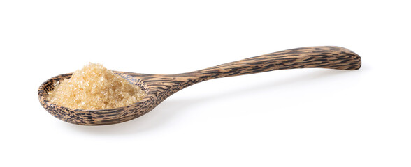 Sugar in wood spoon isolated on white