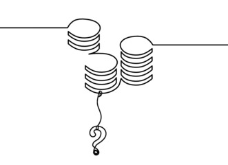 Abstract coins with question mark as continuous lines drawing on white background