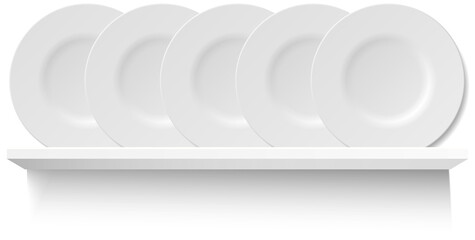 Round white plates on wooden shelf for utensil. Kitchen stuff for cooking and serving food, breakfast, lunch and dinner. Vector illustration in flat style, shelving concept on white background