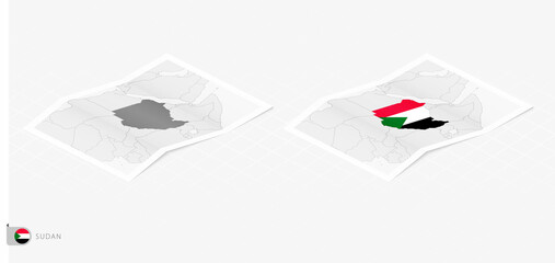 Set of two realistic map of Sudan with shadow. The flag and map of Sudan in isometric style.