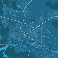 Detailed vector map poster of Zhytomyr city, linear print map. Blue skyline urban panorama.