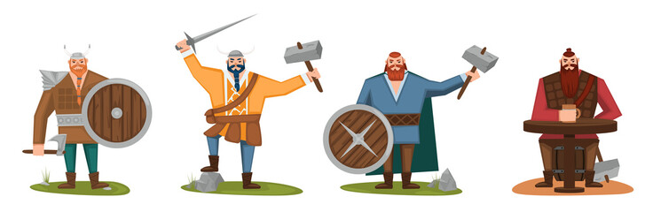 Vikings set of cartoon characters. Scandinavian men, women. Scandinavian mythologyy characters norway costume vikings warrior male and female