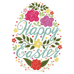 Colorful composition Happy Easter, inscribed in the shape of an egg. Transparent background. Vector