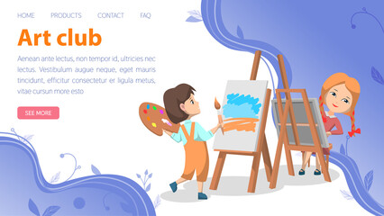 Art club of childrens creativity. Girls paints scenery with brush on canvas. Female artist draws picture on easel, creates sketch of landscape. Landing page for drawing lessons and creativie classes.