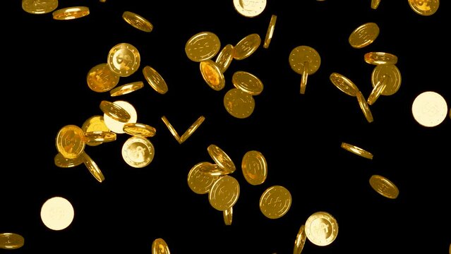 golden coins falling on  black  screen chroma key background. Concept of gold rain, wealth, fortune, luxury, success.  4k animation .