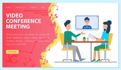 Video conference meeting concept. Workers of office talking to boss by video call. Colleagues discussing problems of projects and development. Website or webpage template, landing page flat style