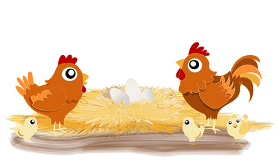 poule et coq roux avec poussins devant un nid avec des œufs  © Nathalie Bosansky