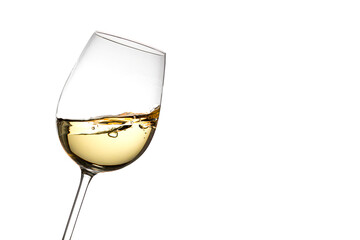 Slanted white wine glass on a white background - obrazy, fototapety, plakaty