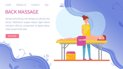Masseuse working with back of client in spa salon. Heath and body treatment concept. Therapy and relaxation massage, cosmetic procedure performed by specialist. Medical back massage website template