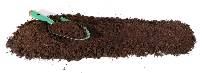 Soil Banner with Garden Shovel isolated on white Background - Panorama.
