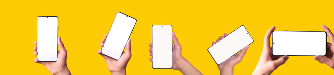 Set of different photos of mobile phone in hand, isolated on white background