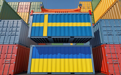 Cargo containers with Sweden and Ukraine national flags. 3D Rendering 