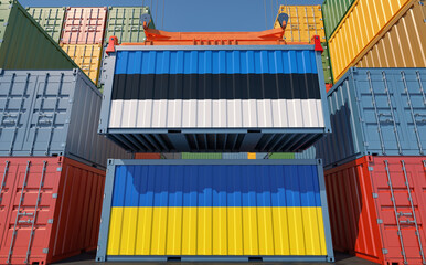 Cargo containers with Estonia and Ukraine national flags. 3D Rendering 