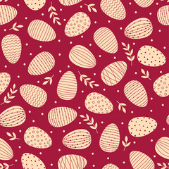 Seamless pattern with Easter decorated eggs. Pink eggs and branches on red background.