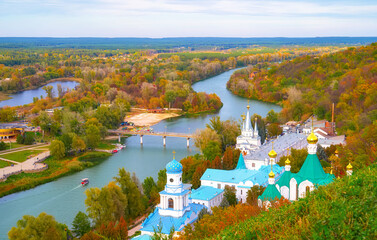 Svyatogorsk, Ukraine - October 9 2021: The Sviatohirsk Lavra near Donets river