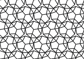 Contemporary 3d effect geometric tessellated line art shapes of 9-sided nonagons, pentagons and stars in a repeating pattern in black color outline against a white background, vector illustration