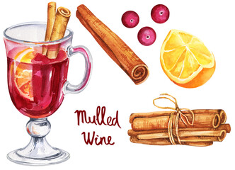 Watercolour set with a glass of mulled wine and ingredients, hand drawn sketch, illustration of drink on white background