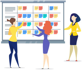 Project planning, time management concept. People cooperating to create new schedule. Company employees working with monthly plan. Women draw up business development strategy plan, to do list