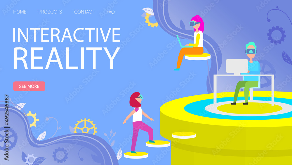 Poster website for interactive reality game with glasses for virtual simulation. people wearing virtual rea