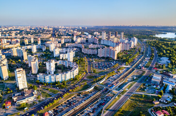 Fototapeta na wymiar Birds eye view of Troieshchyna district of Kiev, the capital of Ukraine before the war with Russia