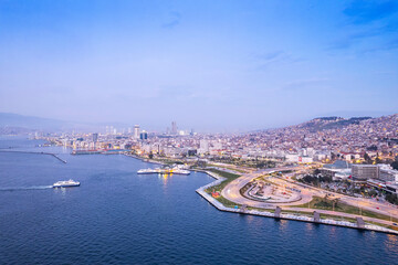 Aerial photo of izmir with drone during daytime - obrazy, fototapety, plakaty