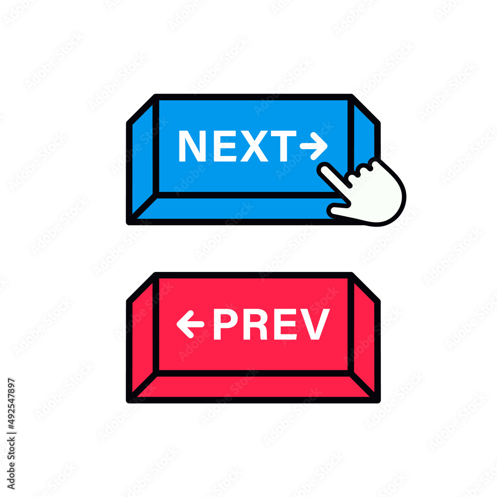 Poster next and previous buttons with arrow right left icon in modern label banner. back prev and next button with hand cursor icon