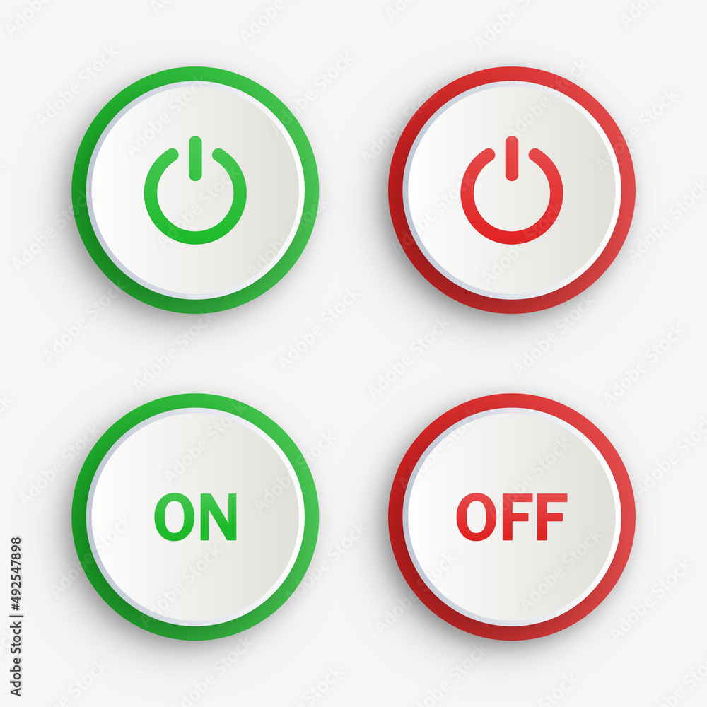 Poster Power icon button with turn on and off buttons in modern frame and shut down switch power icons in round circle buttons in red and green colors	
