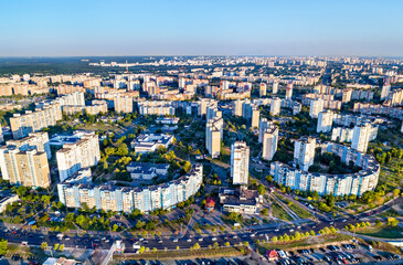 Fototapeta premium Birds eye view of Troieshchyna district of Kiev, the capital of Ukraine before the war with Russia