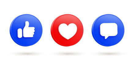 Social media notification icons in 3d modern button like love comment icon. thumbs up, heart, icons - obrazy, fototapety, plakaty