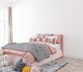 cute kids bedroom with empty white wall for mockup