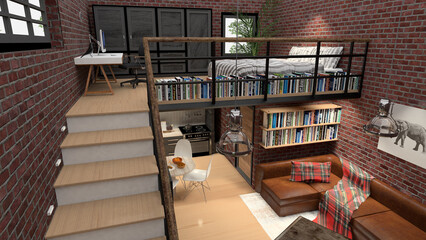 Loft single apartment in modern industrial design