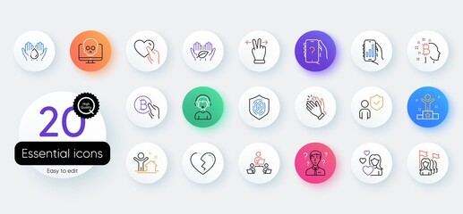 Simple set of Cyber attack, Teamwork and Feminism line icons. Include Ask question, Security, Fingerprint icons. Winner, Broken heart, Bitcoin pay web elements. Support consultant. Vector