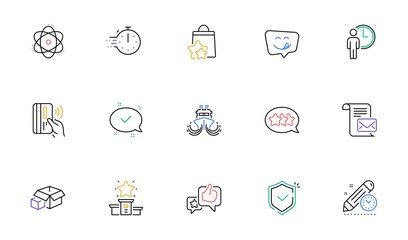 Project deadline, Stars and Approved line icons for website, printing. Collection of Contactless payment, Shield, Loyalty points icons. Yummy smile, Mail letter, Packing boxes web elements. Vector