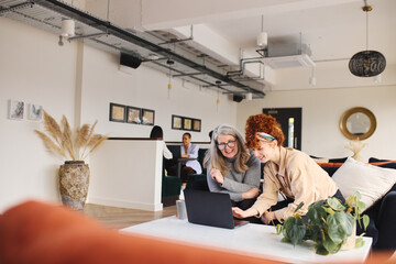 Portrait of young and senior white businesswomen looking at laptop in open plan office workspace, smiling and discussing
