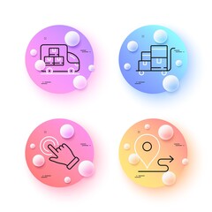 Touchscreen gesture, Inventory cart and Journey minimal line icons. 3d spheres or balls buttons. Delivery truck icons. For web, application, printing. Vector